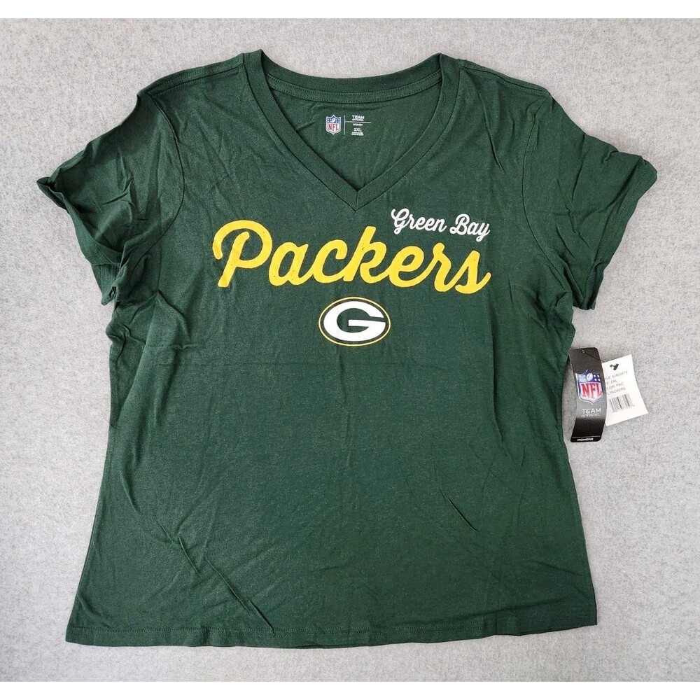 NEW Green Bay Packers NFL T-shirt V-neck Football Tee Green Women's Plus 2XL